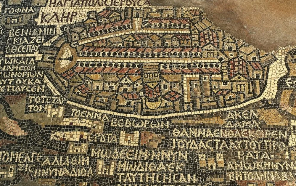 Map from Madaba. A mosaic depicting Jerusalem in the Church of St. George. Jordan, 6th century AD / Getty 
