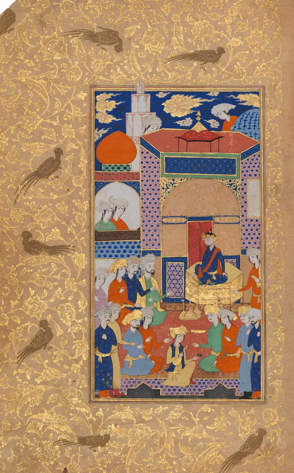 A Court Scene; Page from a Manuscript of Habib al-Siyar of Khwandamir. Iran, Qazvin or Isfahan, 1625. Los Angeles County Museum of Art/Wikimedia Commons