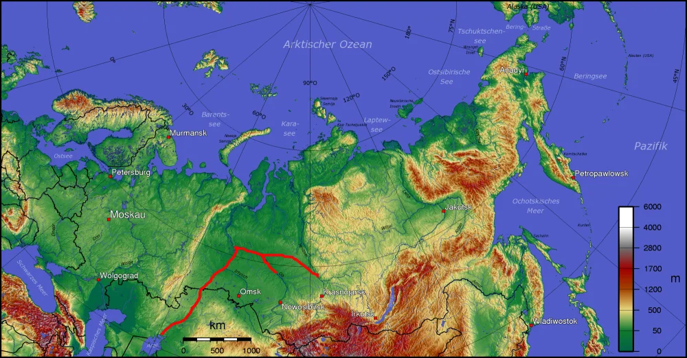 Сібір өзендерінің ағысын Орталық Азияға бұру схемасыWikimedia commons