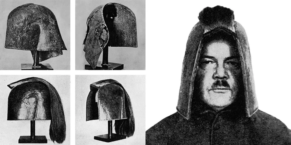 The "Mycenaean helmet of a new type" found in the Arboretum by the expedition of Axel V. Persson and attempts to reconstruct it using a horsehair plume. Alas, it turned out to be not a helmet, but a full armor shoulder pad/From Open access