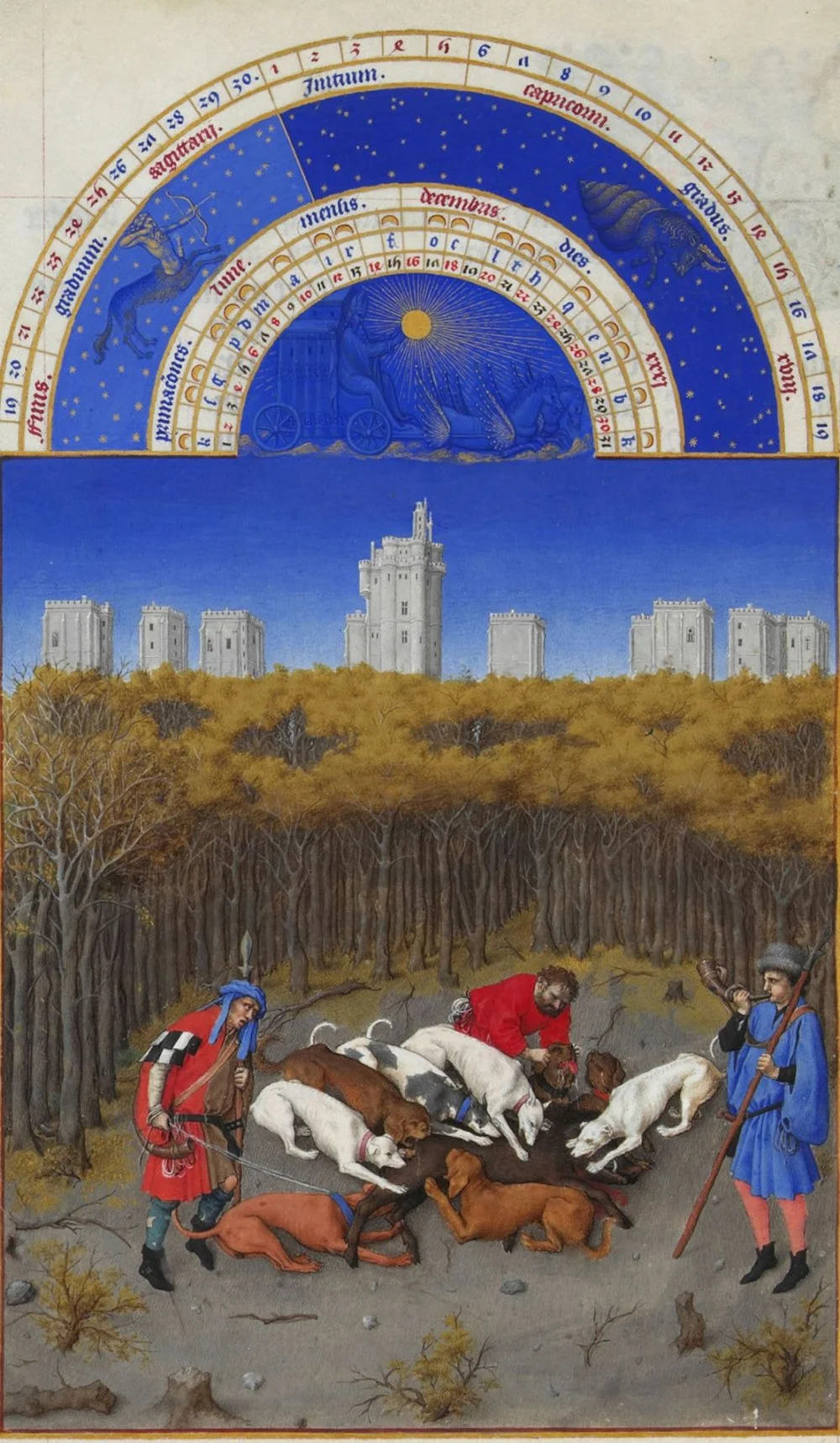 Братья Лимбург. Декабрь: Охота на дикого кабана. Часослов герцога Беррийского. 1410-1490-е гг./Wikimedia Commons