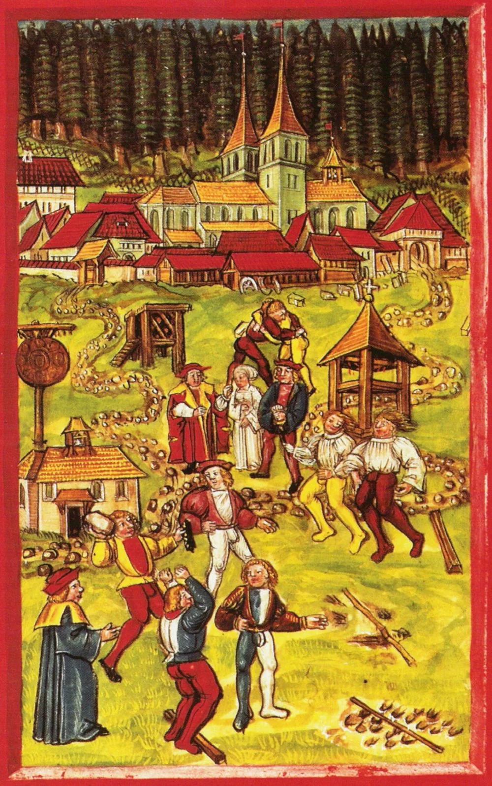 Schilling (Swiss) mercenaries training, including stone putting, wrestling, skipping, and jumping or diving. Lucerne Chronicle, 1513/Wikimedia commons