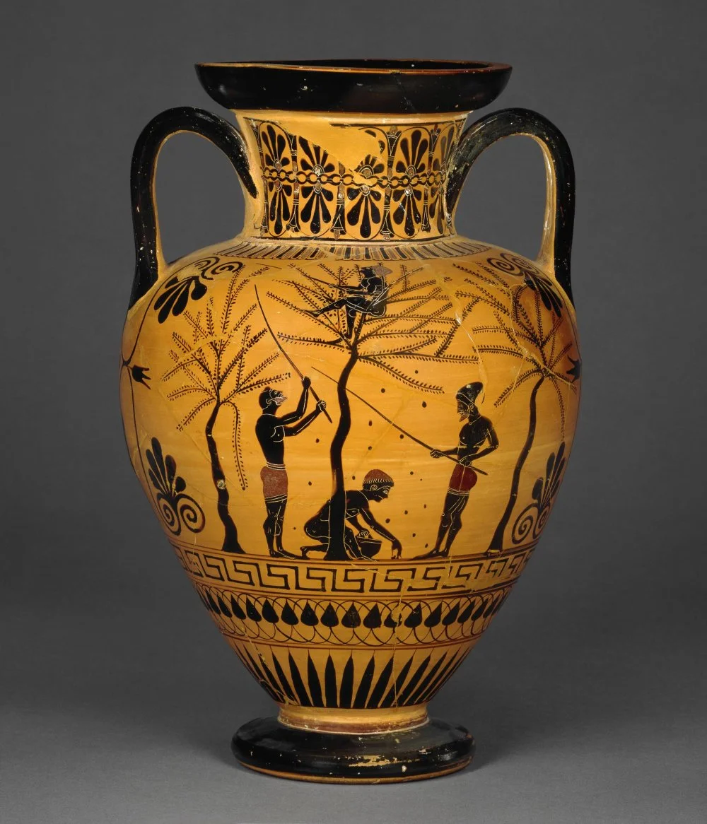 Рабы, собирающие оливки. Чернофигурная амфора. Аттика, около 520 года до н. э./British museum
