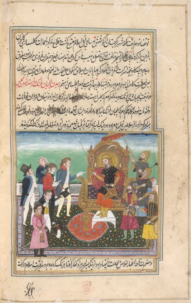 The arrival of the Castilian envoy led by Don Clavijo. Folio from the Malfuzat-i Timuri, Mughal, 19th century/British Library