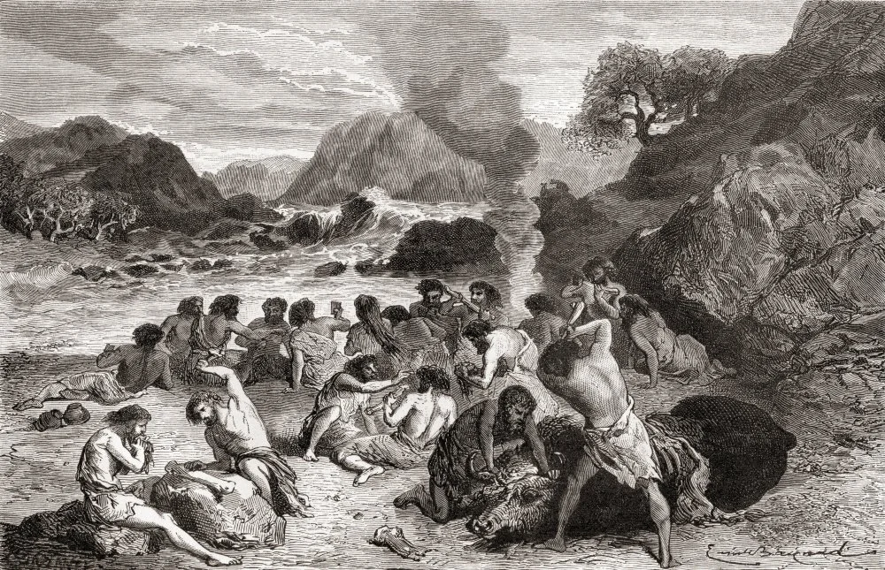 Неандертальцы разделывают тушу животного. Иллюстрация 19 века/Alamy