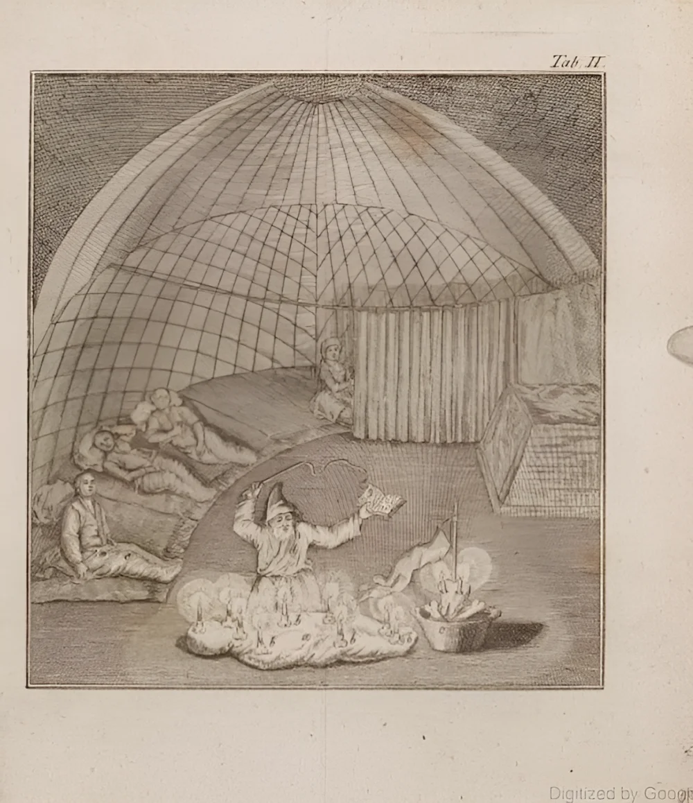John Castle. Nighttime sorcery on the occasion of Castle’s arrival: the author with two interpreters and the yurt hosts. Illustration from the book «Diary of a Journey in 1736 from Orenburg to Abulkhair, Khan of the Kirghiz-Kaisak Horde»