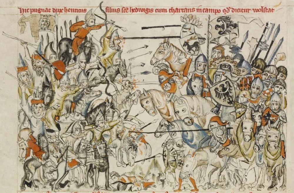 Монгольская конница на европейской средневековой миниатюре(слева). Битва при Легнице (1241)/Wikimedia commons  