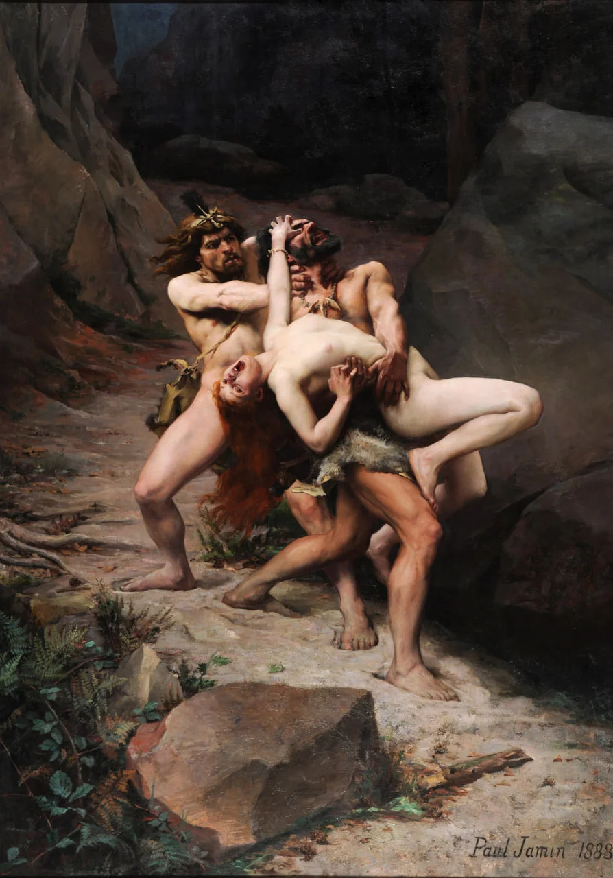 Paul Joseph Jamin (1853-1903). The Rape in the Stone Age. 1888. Found in the collection of the Musée des Beaux-arts, Rouen/Photo by Fine Art Images/Heritage Images via Getty Images