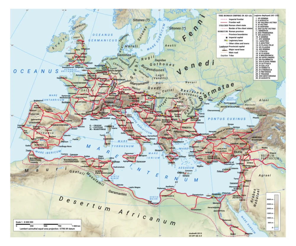 Map of Roman Empire. Red lines are roads/Wikimedia Commons 