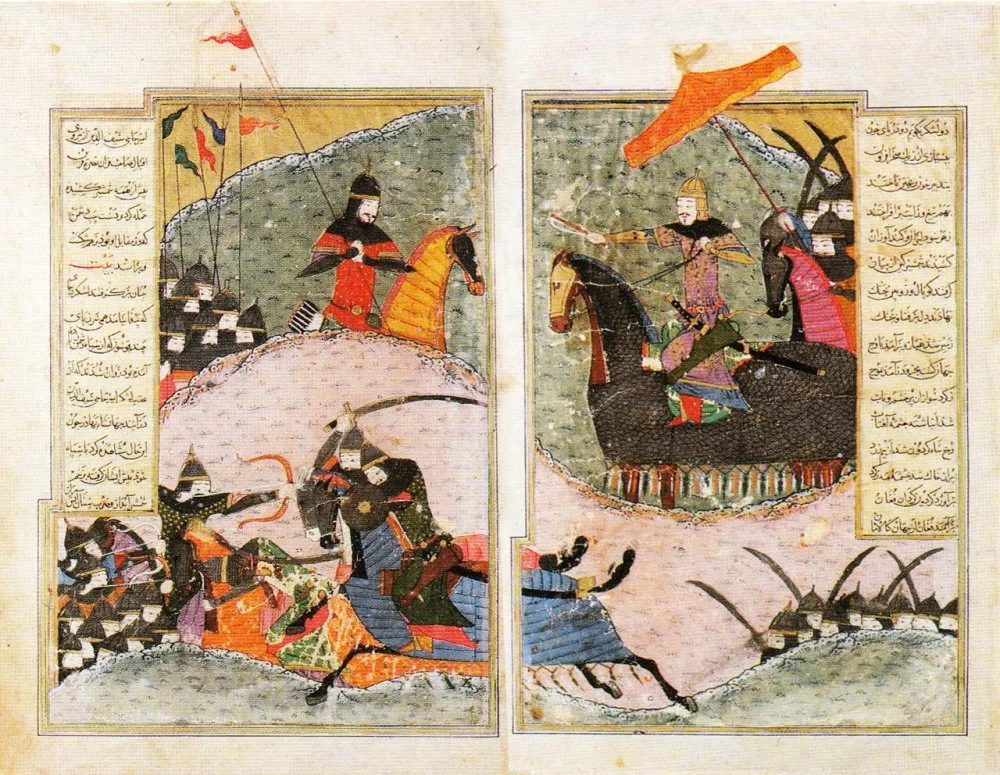  Battle between Timur and Toqtamish Khan in 1391. From Zafarnama. Circa 1485/Wikimedia Commons 