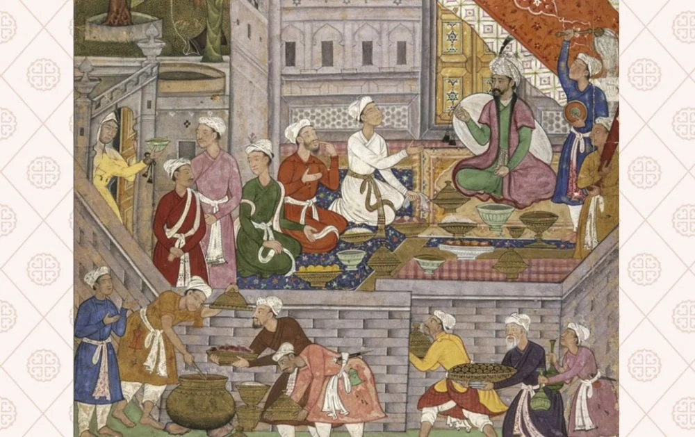 Babur's feast scene. A miniature from the Baburnama manuscript. Northern India. 16th century / From the collection of the GMV/ Museum of the East