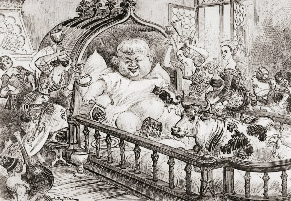 After the illustration by Albert Robida for Gargantua and Pantagruel by François Rabelais. Gargantua in the Cradle/Alamy