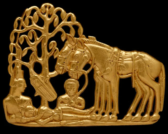Scythians with horses under a tree. Gold belt plaque. Siberia, 4th-3rd century BCE. /The State Hermitage Museum, St Petersburg, 2017. Photo: V Terebenin/Wikimedia Commons