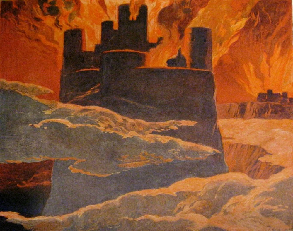 A scene from the last phase of Ragnarök, after Surtr has engulfed the world with fire (by Emil Doepler, 1905). The surrounding text implies that this is Ásgarðr (Asgard) burning. Published ca. 1905 /Wikimedia commons 