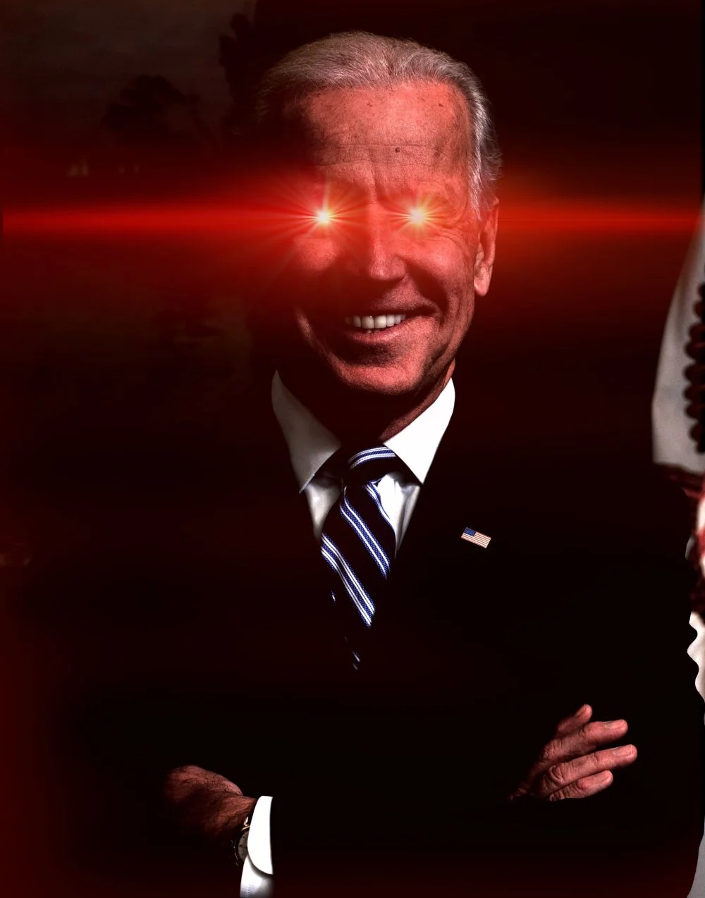 Example of the "Dark Brandon" internet meme, where an image of Joe Biden is increased in contrast and given glowing laser eyes/Wikimedia Commons