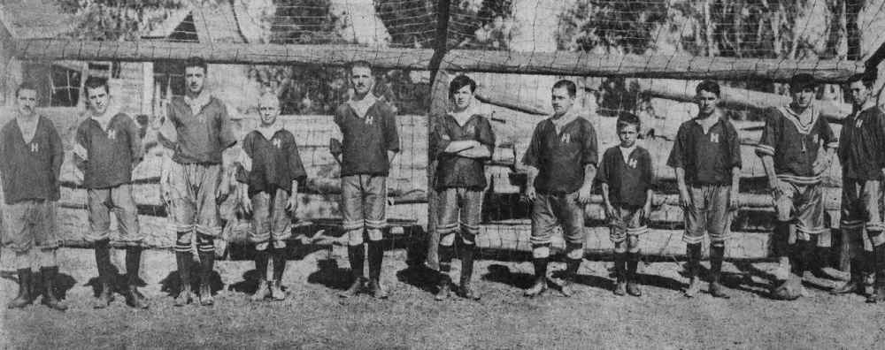 The football team of the Neptun Sports Club, one of the first clubs to promote football in Siberia. 1910s. Semipalatinsk / Russkiy Sport magazine