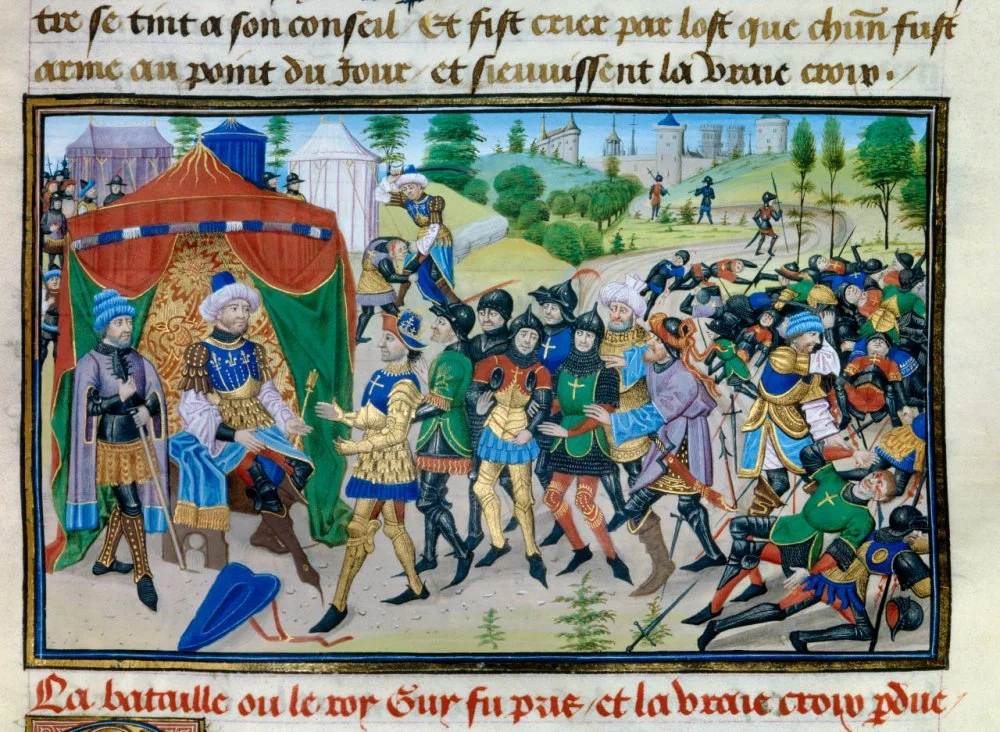 Miniature the king of Jerusalem guy of lusignan taken in the battle of the forces of Hattin on July 4, 1187 and presents to Saladin and loss of the true cross/ Library of Arsenal in Paris/ Getty Images