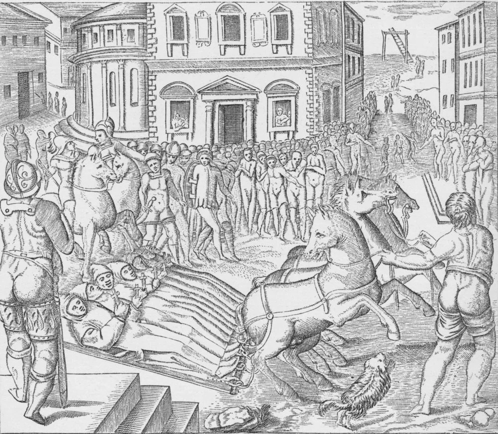 Nicolas Beatrizet (1904). Execution of three Carthusian martyrs, Tyburn, London, 1535 /Alamy