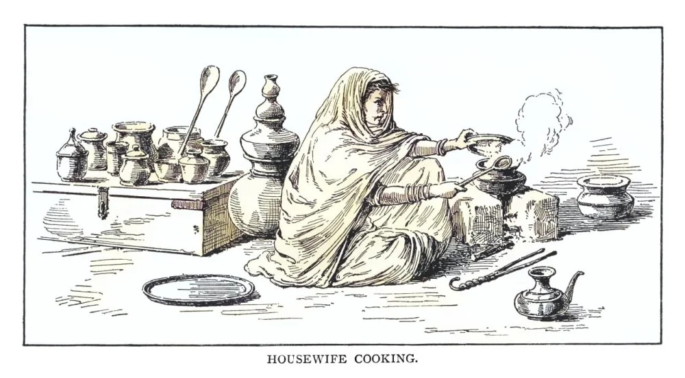 An Indian woman cooks food. An engraving of the late 19th century/Getty Images