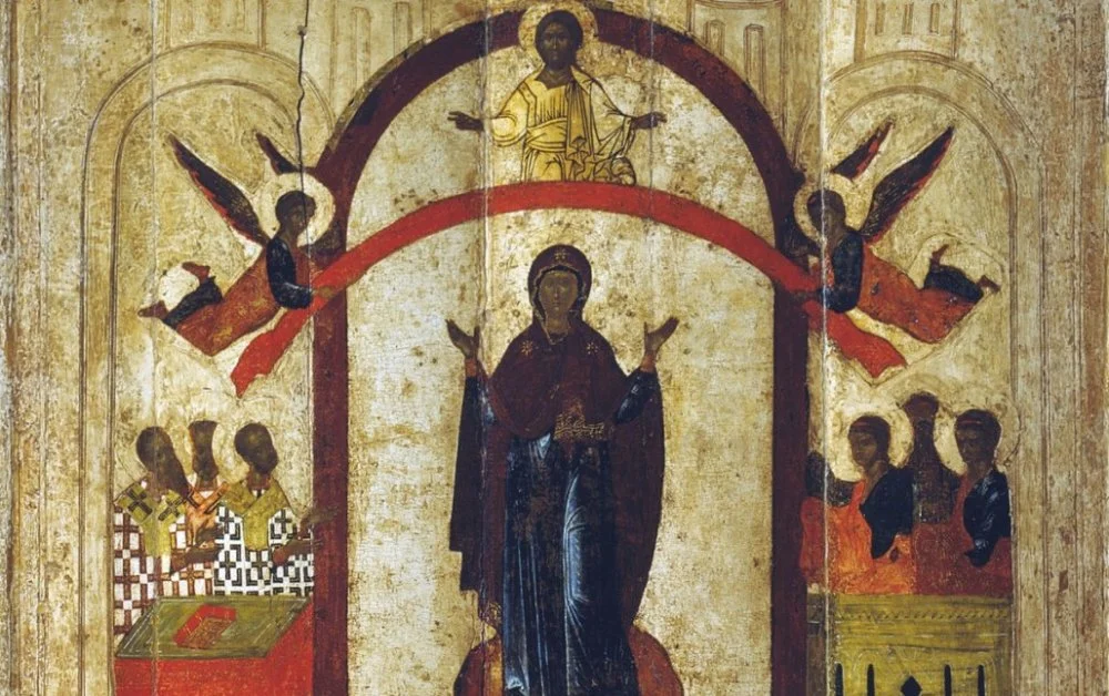 Аса қасиетті Мәриямдың қорғауы (Новгородтағы Зверина монастырындағы икона, 1399 жыл)/Wikimedia Commons
