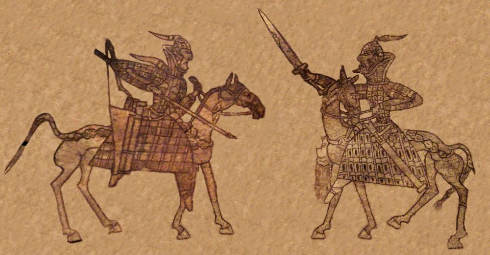 Битва между сакскими всадниками. Рисунок на одной из орлатских пластин. 1 век н.э. / Wikimedia Commons