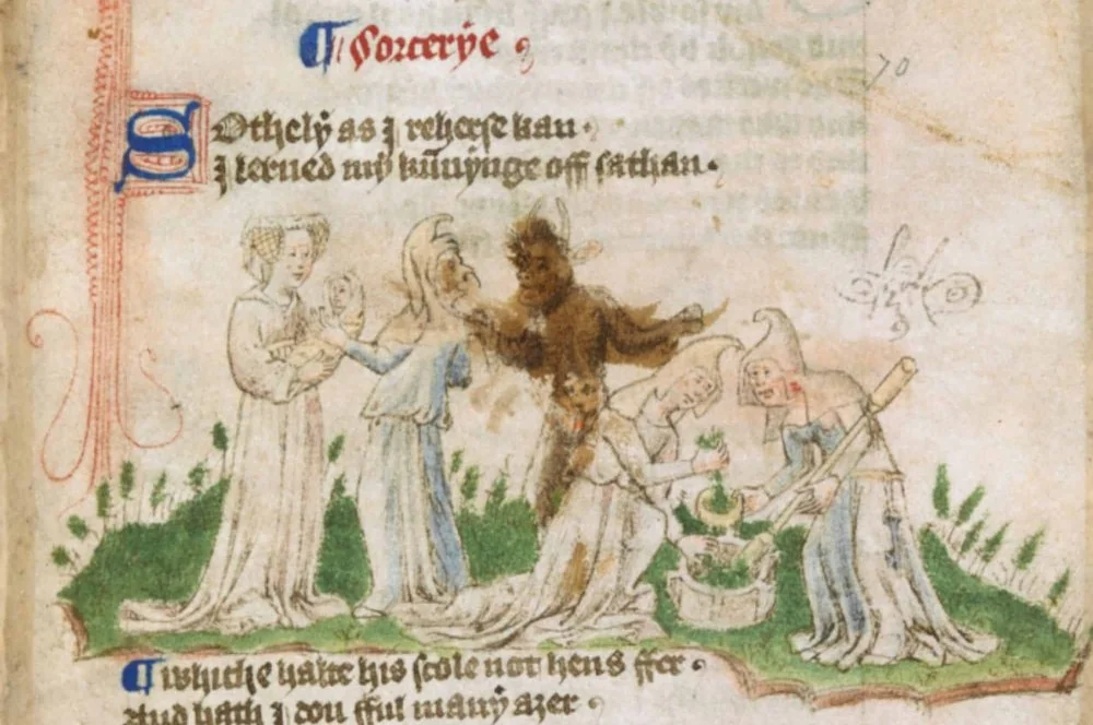 Witches colluding with a demon (2nd quarter of the 15th century): Cotton MS Tiberius A VII/1, f. 70r/Wikimedia commons