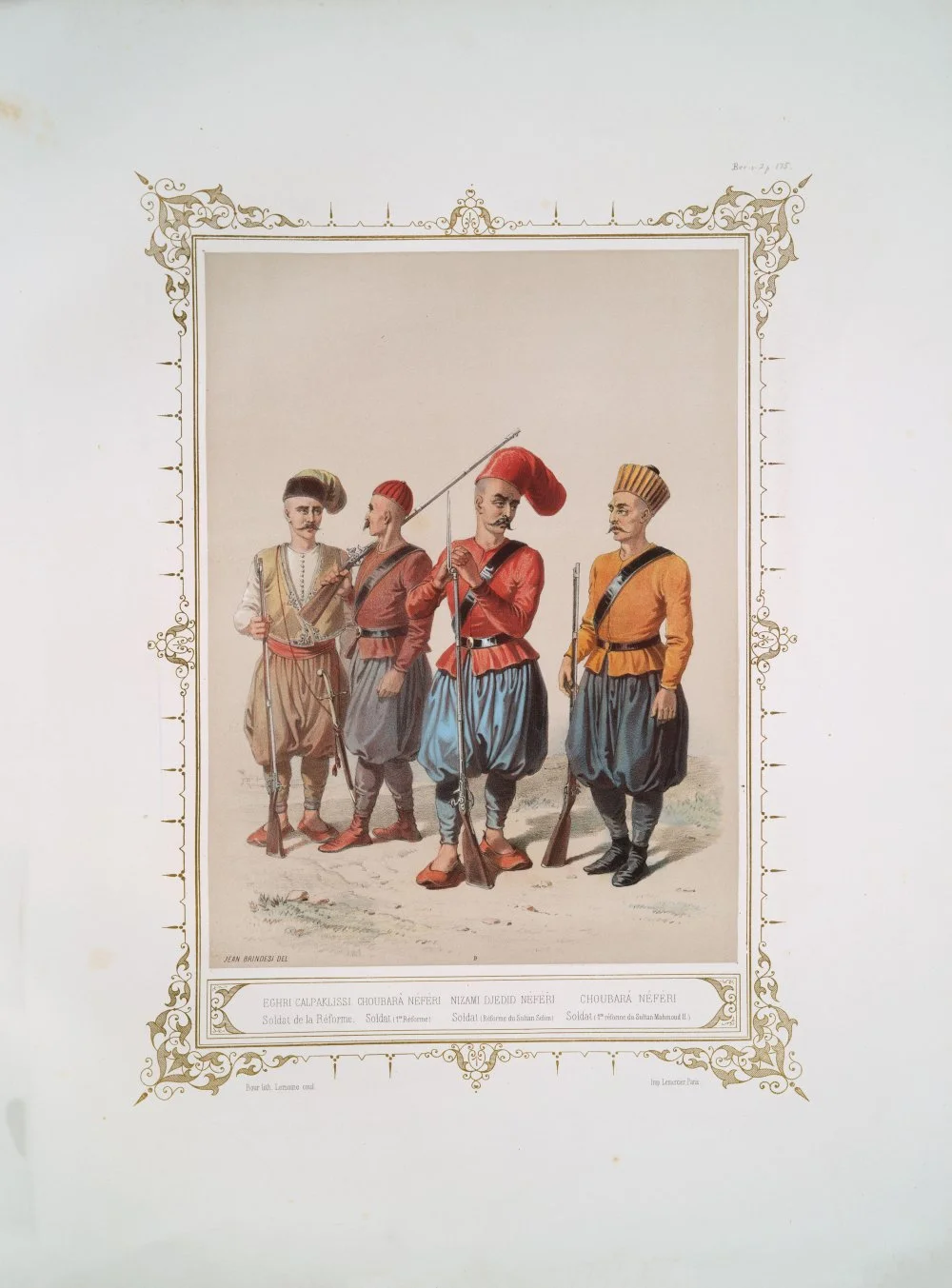 Engraving of Ottoman Empire's military: Eghri Calpaklissi, soldier of the reformation; Choubarà Néféri, soldat of the 1st reform; Nizami Djedid Néféri/Alamy