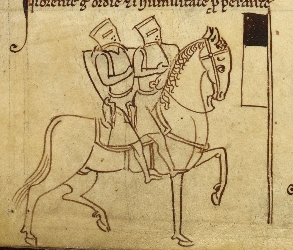 Эмблема тамплиеров; два рыцаря на одном коне. В «Хронике» Матфея Парижского (ок. 1250—1259) изображена наряду с босеаном / British Library