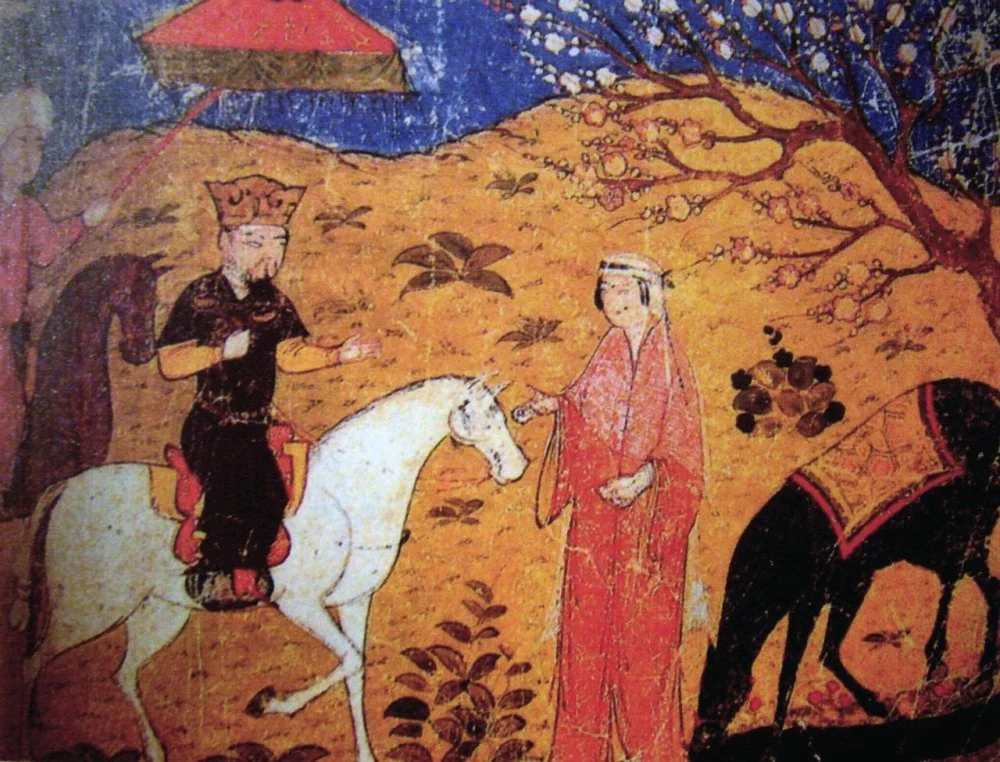 Ghazan Khan on horseback conversing with a woman, possibly his wife Kokachin / Pictures From History / Universal Images Group via Getty Images