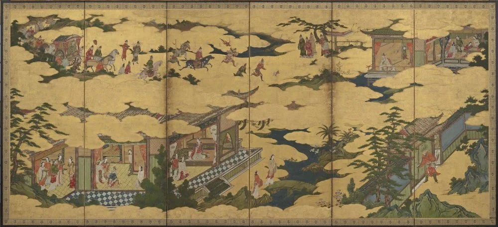 Сцены из жизни императора Минхуана (Сюань-цзуна) и Ян Гуйфэй. Японские расписные ширмы по мотивам поэмы «Песнь вечной печали», период Момояма, конец 16- начало 17 века / Getty Images