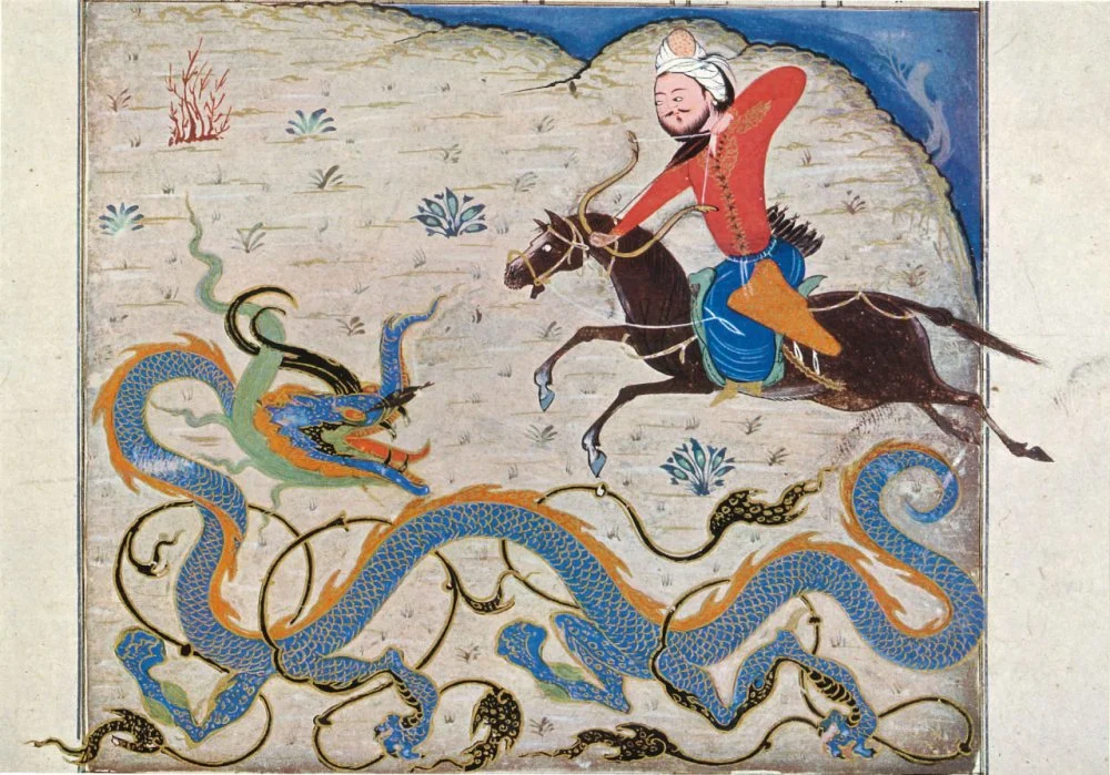 Bahram killing the dragon - Chah-namah. Topkapı Palace collection. Painted in shiraz 1370/Wikimedia Commons