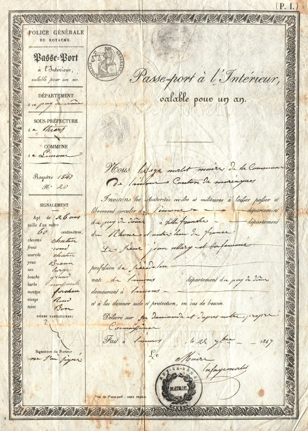 Passport (1847) issued by the mayor of Limons, Puy-de-Dôme department, France./Wikimedia Commons