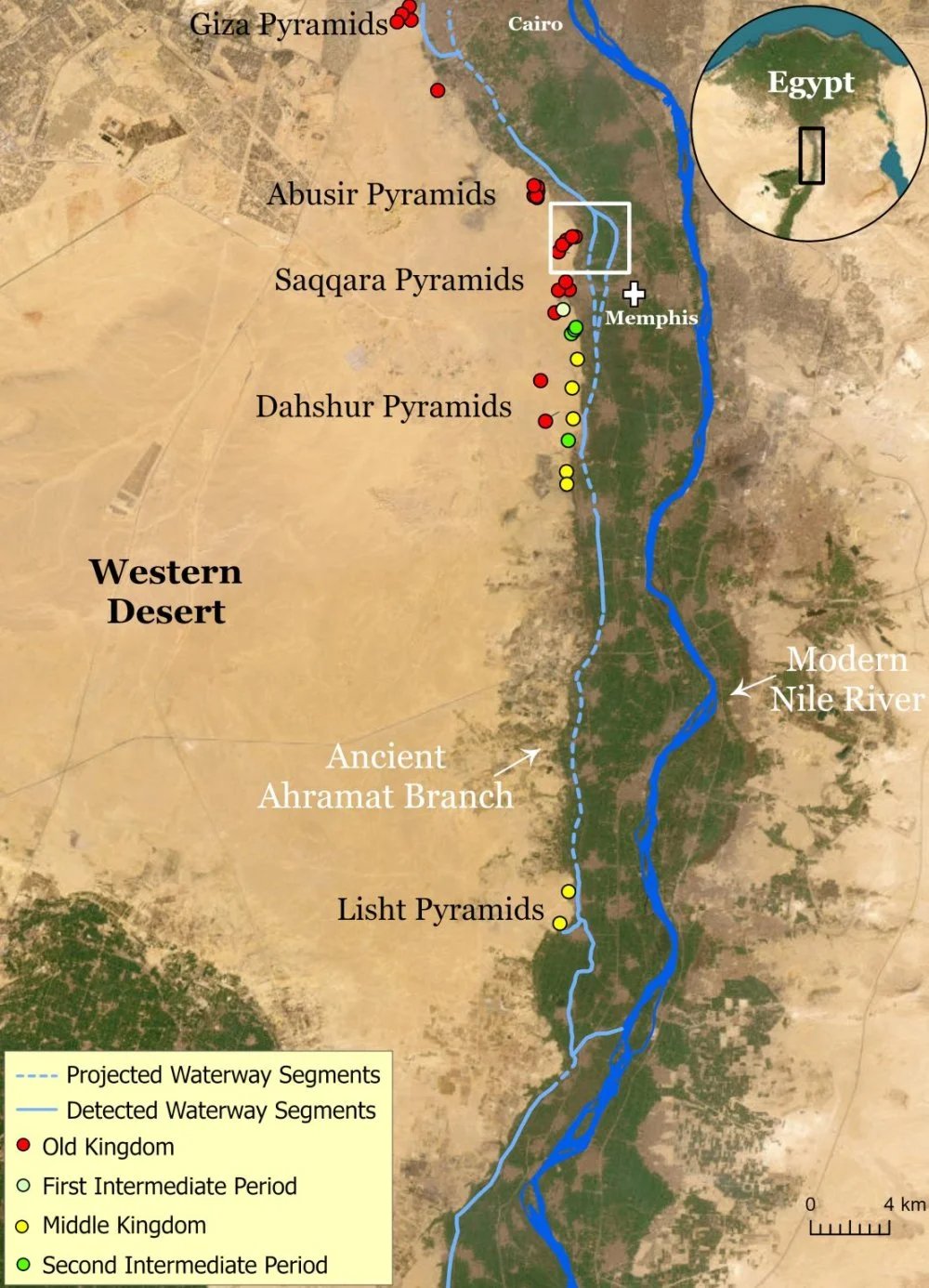 The water course of the ancient Ahramat Branch borders a large number of pyramids dating from the Old Kingdom to the Second Intermediate Period, spanning between the Third Dynasty and the Thirteenth Dynasty/ Eman Ghoneim/From open sources 