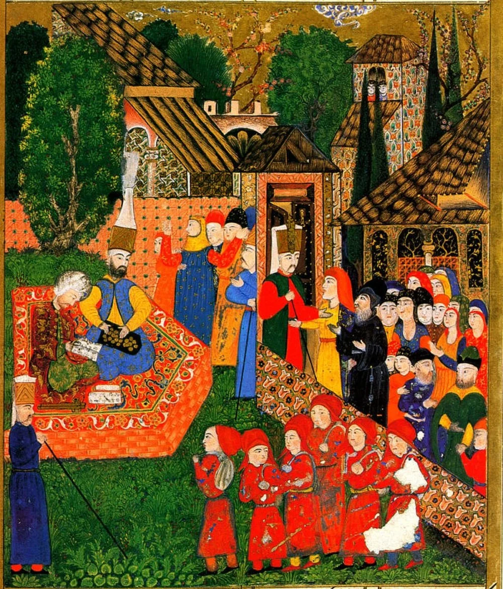 Ali Amir Beg. Janissary Recruitment in the Balkans. Illustration of the registration of Christian boys for the devşirme ("collecting"). Ottoman miniature painting, 1558./Süleymannâme, Istanbul, Topkapi Palace Museum