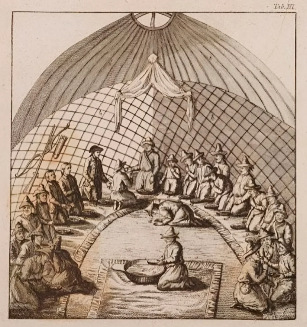John Castle. Castle’s audience with Khan Abulkhair. Illustration from the book «Diary of a Journey in 1736 from Orenburg to Abulkhair, Khan of the Kirghiz-Kaisak Horde» 