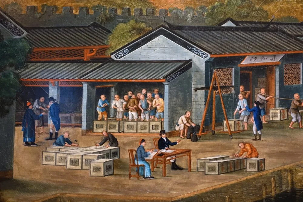 Tea production in China, Guangzhou, detail, c. 1800 AD, oil on canvas. Peabody Essex Museum, Salem/Wikimedia Commons