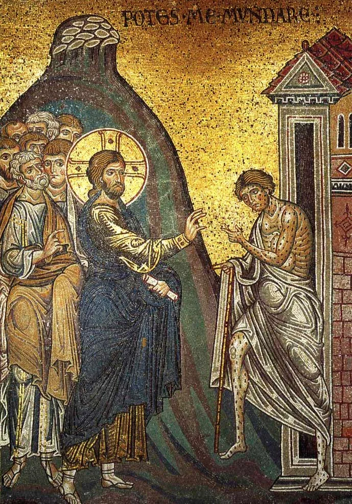  Christ cleans leper man. Mosaic in Monreale Cathedral (12th century)/Wikimedia Commons