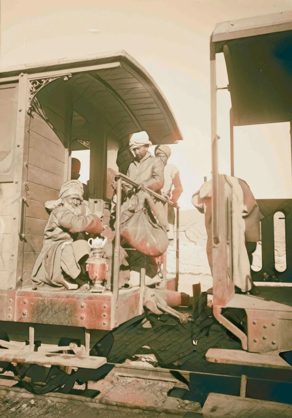 Muslim pilgrims on a train for Mecca 1900, Middle East. Reimagined by Gibon. Classic art with a modern twist reimagined/Alamy