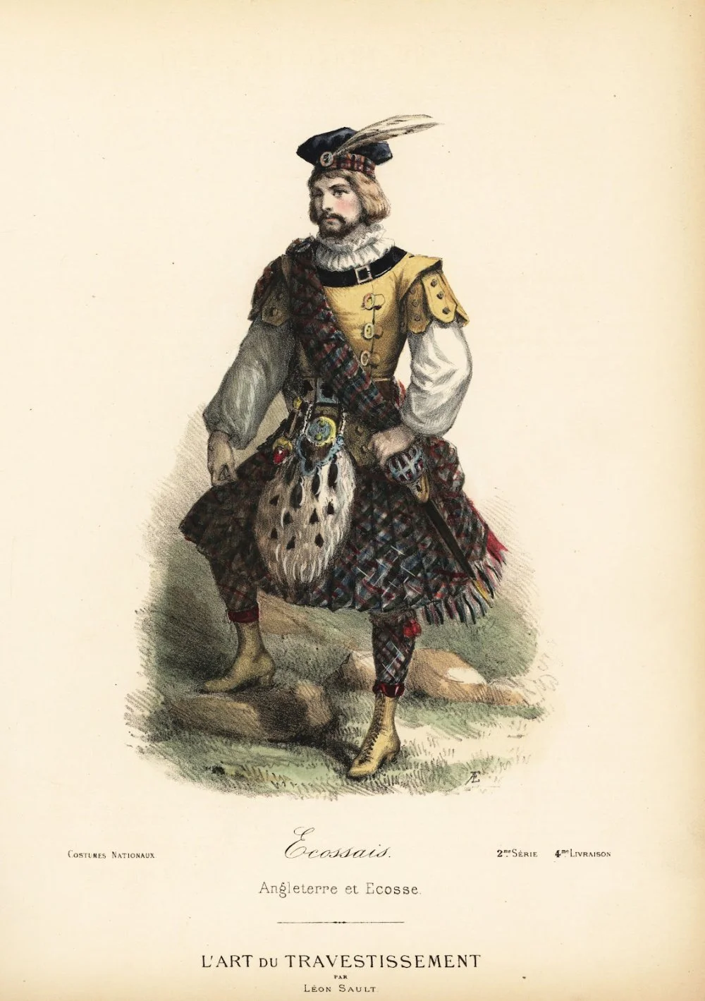 Scottish man in kilt and sporran. 19th century. Hand Coloured lithograph by A.E. after a design by Leon Sault from «L'Art du Travestissement» (The Art of Fancy Dress), Paris, c.1880/Getty images