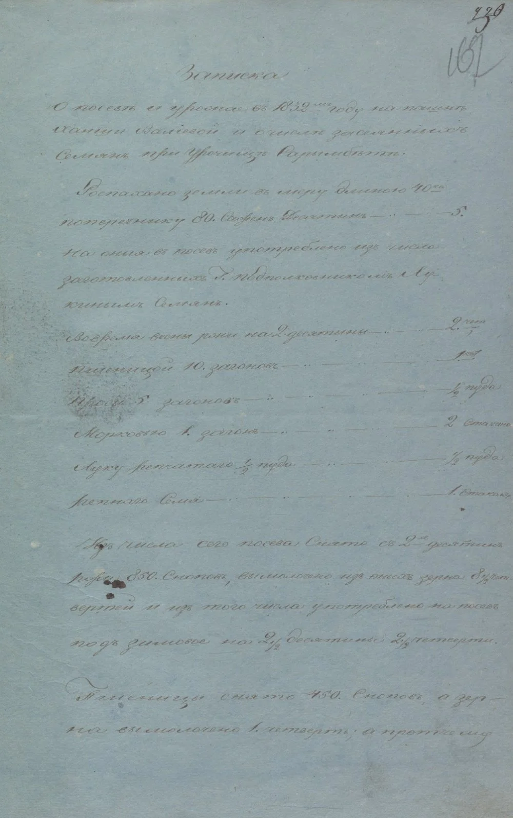 Отчет о посевах ячменя, пшеницы, проса, моркови, лука и репы, произведенных в 1832 году на участке земли размером 40×80 саженей (примерно 1,5 га) в урочище Сырымбет по просьбе ханши Айганым, и о полученном урожае. ЦГА РК Ф.338, Oп.1, Д.690, Л.162, 162 об. 