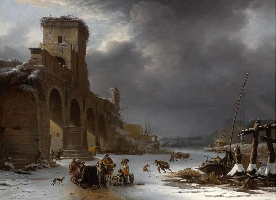 Winter Landscape with the Tiber and the Ponte Molle Rome is a painting by Willem Schellinks/Wikimedia Commons