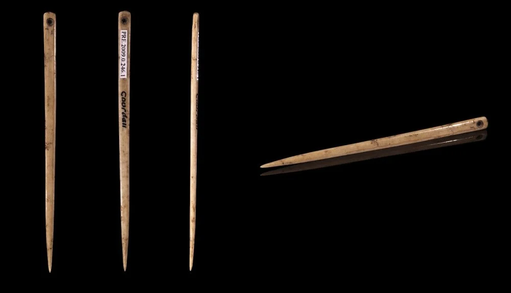 Flat bone sewing needle. Gourdan cave called "Elephant Cave", Gourdan–Polignan, Haute-Garonne , France. Magdalenian Upper Paleolithic (between 17,000 and 10,000 Before the Current Era)/Wikimedia Commons