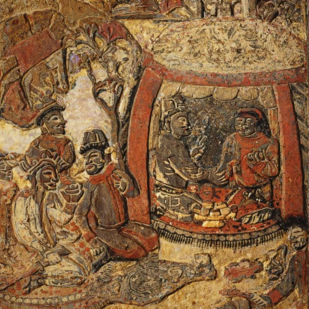 Түркі көсемімен бірге киіз үйде отырған соғды көпесі. Ань Цзя мазарындағы бедер, Сиань. Б.з. 6-ғасыры / Wikimedia Commons