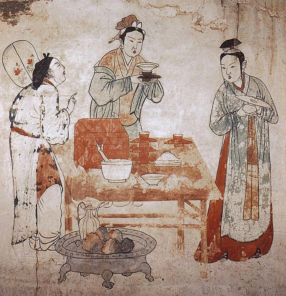 Three women preparing tea in a mural in the tomb of Zhang Shigu, Xuanhua, Hebei, Liao Dynasty (1093-1117)/Alamy