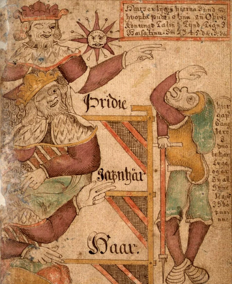 Gylfi is tricked in an illustration from Icelandic Manuscript, SÁM 66 In the Prose Edda, Gylfi, King of Sweden before the arrival of the Æsir under Odin, travels to Asgard, questions the three officials shown in the illumination concerning the Æsir, and is beguiled. 18th-century Icelandic manuscript/Wikimedia Commons