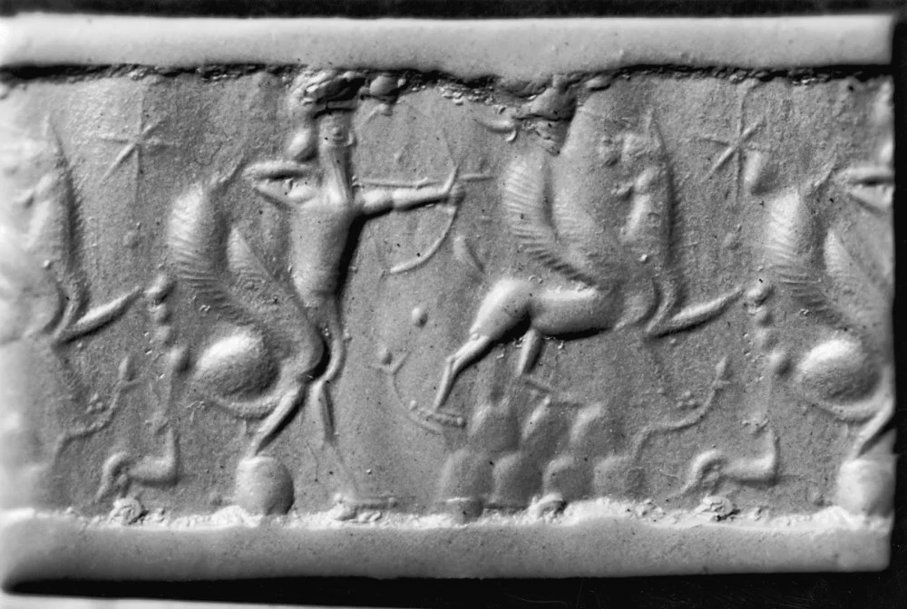 Cylinder Seal with Scorpion Man Shooting at Winged Creatures between 1400 and 1200 BC (Middle Assyrian)/Wikimedia commons