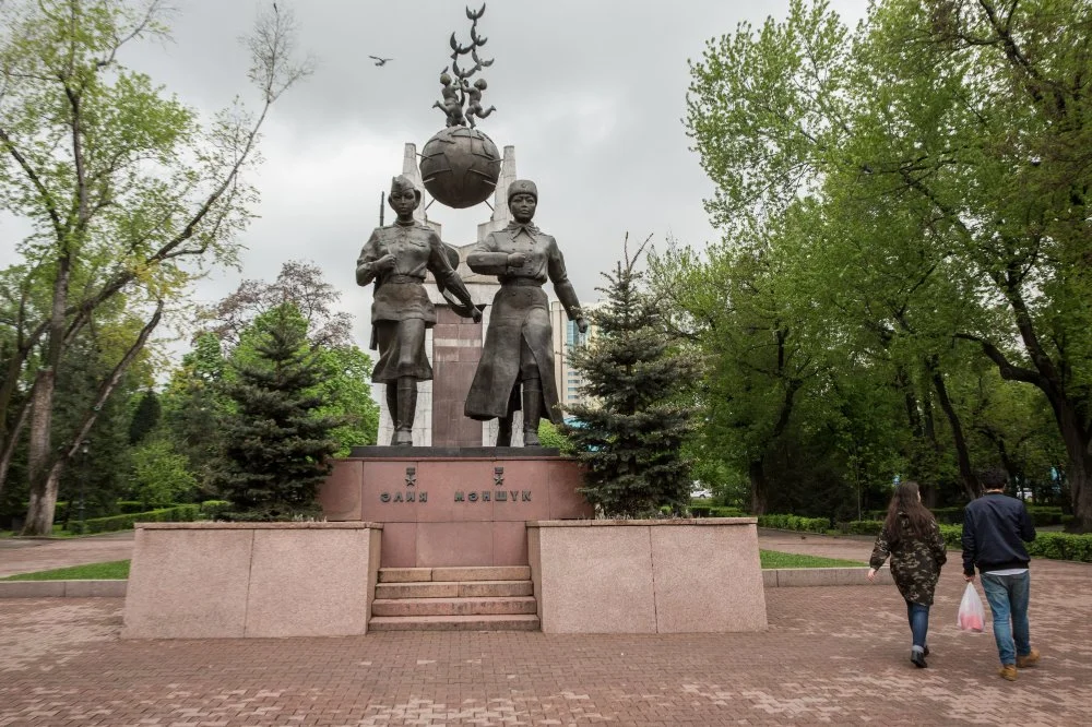 Statue of Aliya Moldagulova and Manshuk Mametova in Almaty, Kazakhstan. Taylor Weidman/Bloomberg via Getty Images