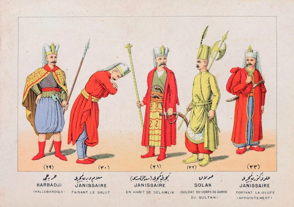 Illustrated history of Turkish Army (Ottoman Empire). Harbadji (Halberdier). Janissary (Making Salvation). Janissary (In The Dress Of Selamlik). Solak (Soldier Of The Sultan's Guard Corps). Janissary (Bearing The Ulufe (Appinement))/Alamy