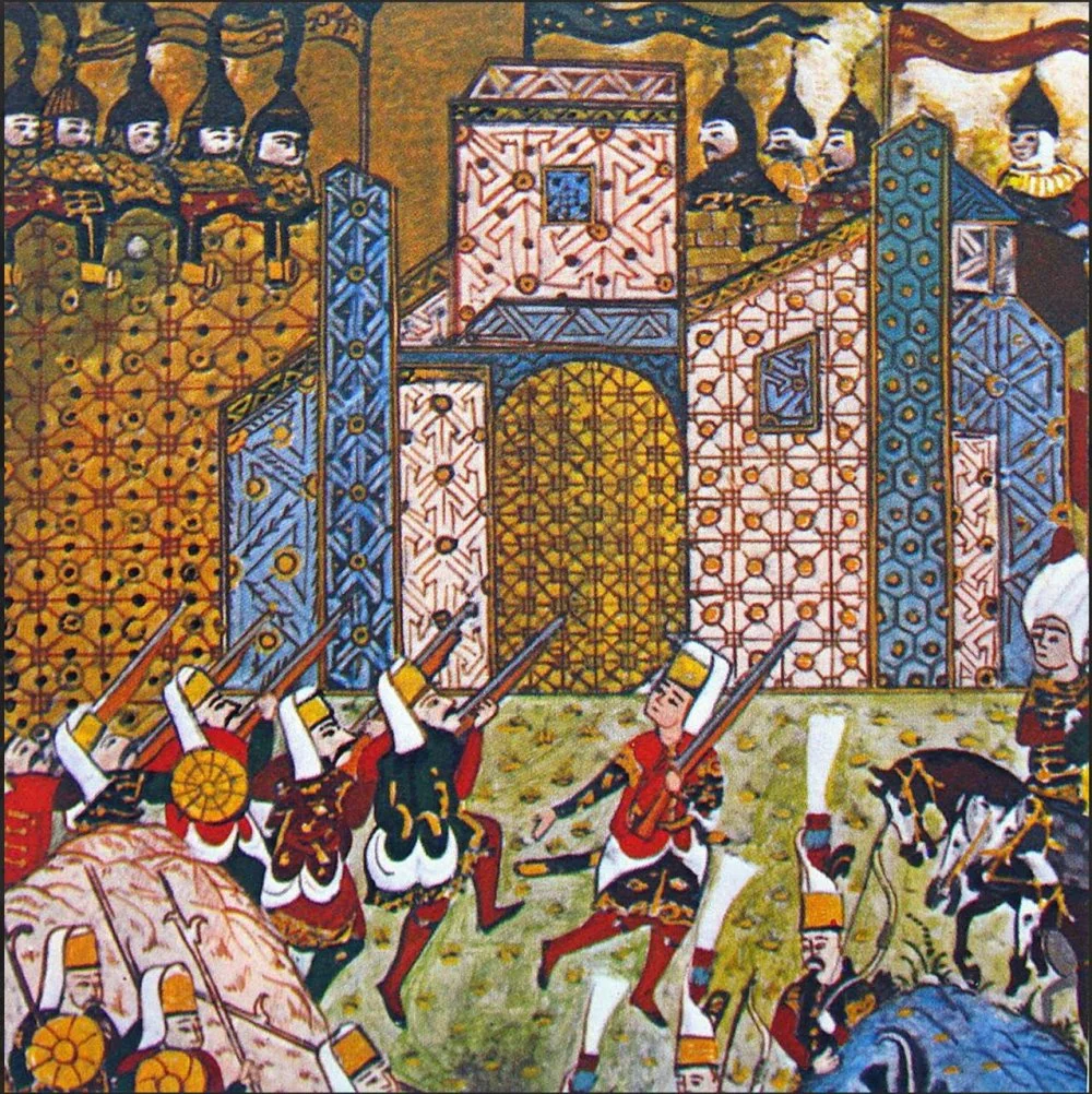 Ottoman miniature of the Janissaries fighting against the Knights of Saint John at the siege of Rhodes in 1522. Painting by Matrakci Nasuh (1480-1564), 1558/Alamy Түркия: 1522 жылы Родос қоршауында Әулие Джон орденінің рыцарьларына қарсы соғысып жатқан янычарларды бейнелейтін Османлы миниатюрасы. Матракчи Насухтың Суреті (1480-1564), 1558/Alamy