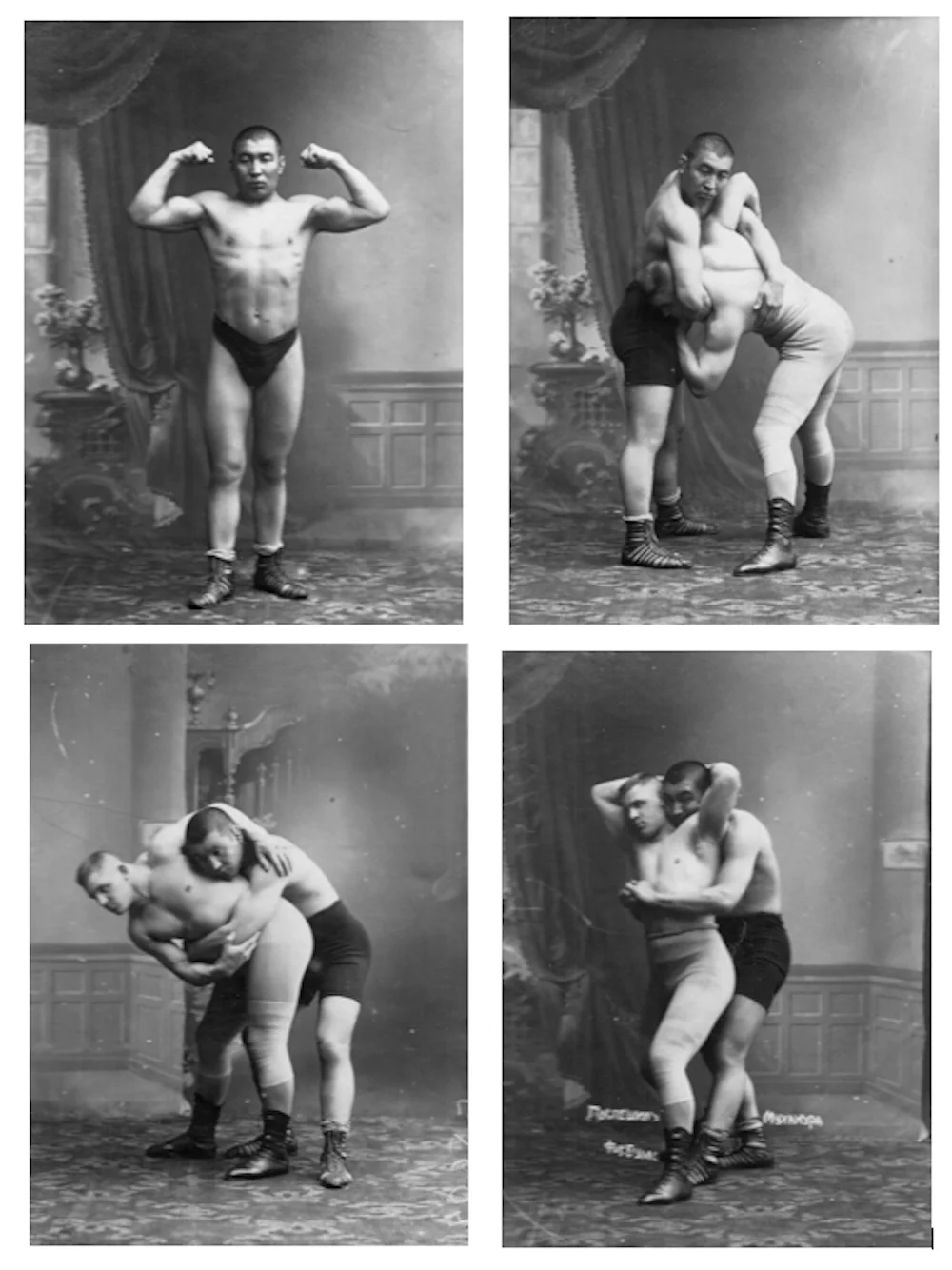 Kazhymukan's personal photo and several photos of him with Czech wrestler Karl Poshpeshil demonstrating wrestling techniques/egemen.kz